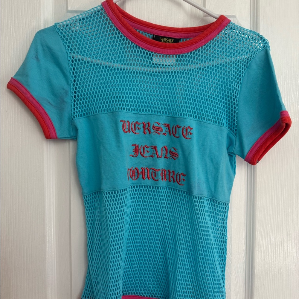 Versace Jeans Collection Pink and Mint Blue Mesh Top